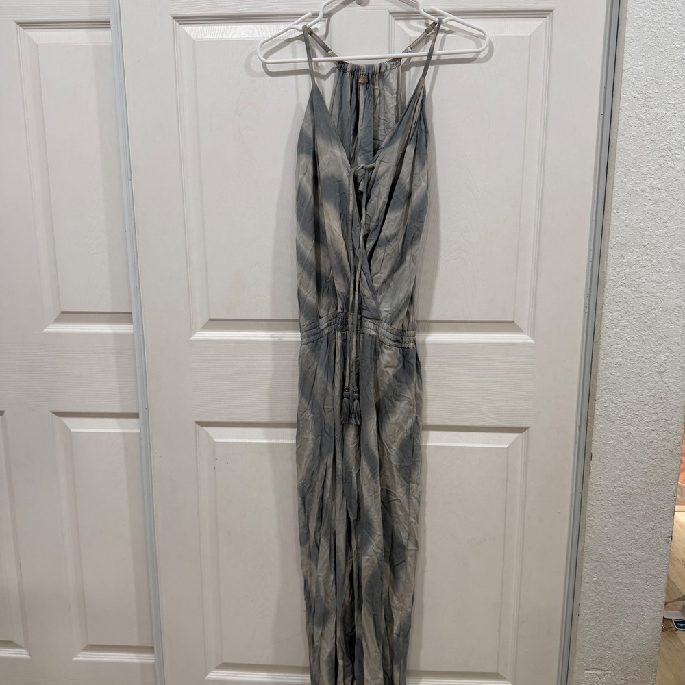 Khush Tie Dye Jumpsuit Blue Grey Rayon Surplice Tassel Boho Small